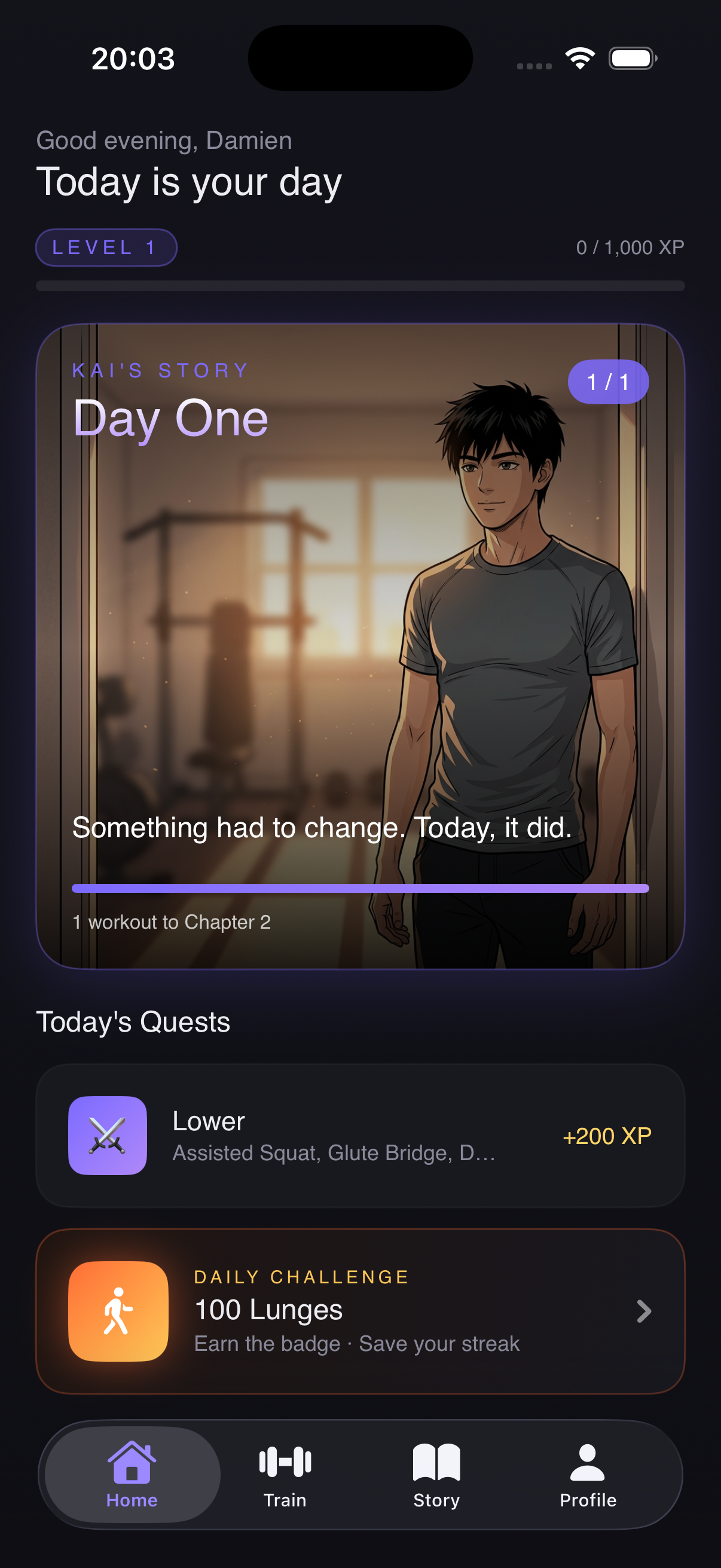 Level Up app — home screen showing Kai's story and today's quests